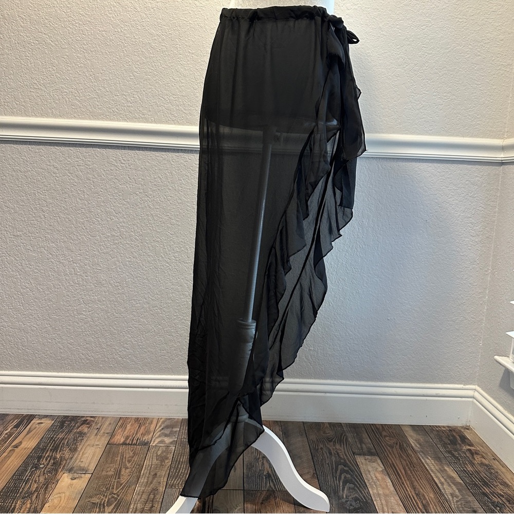 Pretty Little Thing Black Lettuce Hem Chiffon Tie Side Beach Sarong Size M
